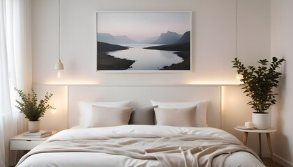 Frame mockup in modern bedroom with empty poster frame 