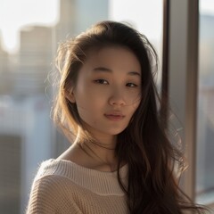 Natural light portrait of a young Asian woman next to a window, the light accentuating her flawless skin against a blurred city background. 