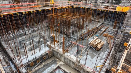 detailed view of a construction site, focusing on rebar and concrete forms for a new foundation