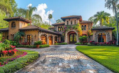 Mediterranean Style Home With Stone Driveway