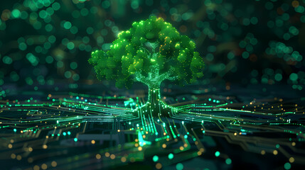 Green technology concept of digital environment in futuristic polygonal style. Glowing neon tree on the background of circuit board.