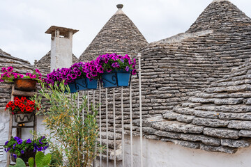 Conical roofs of the famous old dry stone trulli houses in Alberobello. Italy