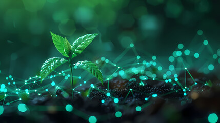 Green technology concept of digital environment in futuristic polygonal style. Glowing neon tree on the background of circuit board.