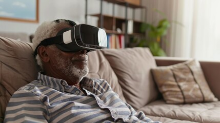 Fototapeta premium Senior man exploring the world through virtual reality glasses, sitting on his couch