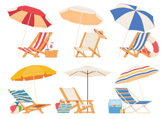 Beach chair lounger with umbrella. Summer vacation by the sea. Warm summer sunny days on vacation. Vector illustration © Igor
