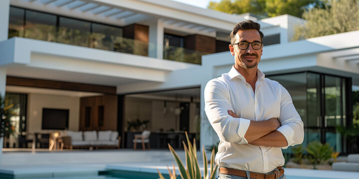 Classy Portrait of a Muscular, Handsome Man in His 40s Posing Before a Luxurious Mansion, Illustrating the Success of a Young Real Estate Agent