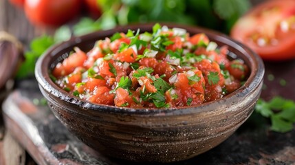Traditional mexican homemade salsa sauce in bowl with parsley