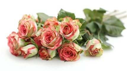 bouquet of pink and green roses with a white background