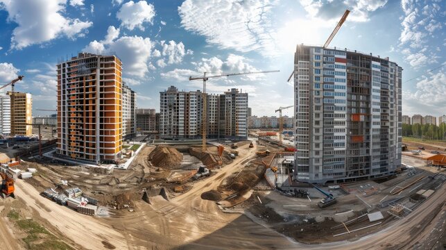 panoramic view of a construction site showing the progress of multiple buildings being developed