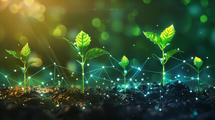 Green technology concept of digital environment in futuristic polygonal style. Glowing neon tree on the background of circuit board.