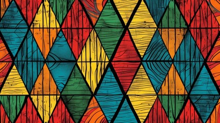 Colorful geometric shapes on distressed wooden texture