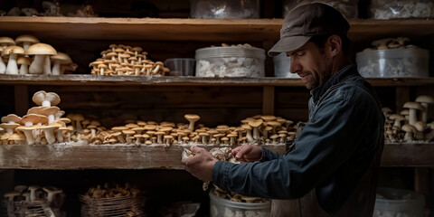 Farmer Engaged in Mushroom Cultivation
