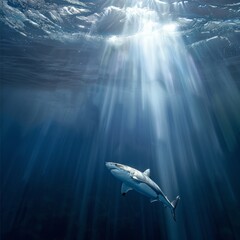 A shark is swimming in the ocean under the sun