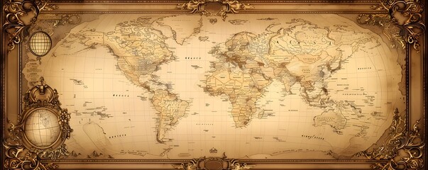 Vintage World Map With Ornate Gold Leaf Border Luxury Sepia Tone Background Concept