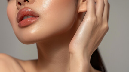 Obraz premium Close-up of an Asian woman's lips and skin.