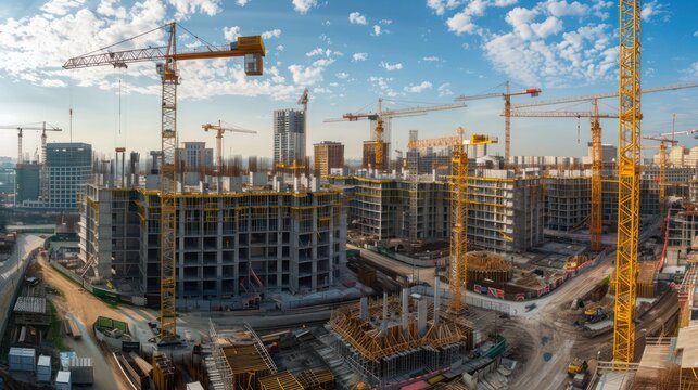 panoramic view of a construction site with multiple cranes and buildings at various stages of completion