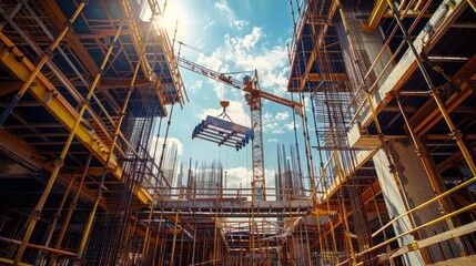 Obraz premium wide-angle shot of a construction site showing cranes lifting steel beams for a new high-rise building, surrounded by scaffolding