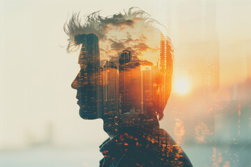 Silhouette of a man with cityscape superimposed at sunset