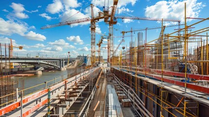 wide-angle view of a bridge under construction, with cranes and scaffolding in place