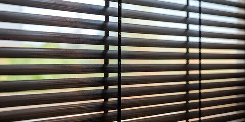 Close-up of Kitchen Blinds Black Wooden Blinds with 50mm Bamboo Slats. Concept Home Decor, Kitchen Blinds, Black Wooden Blinds, 50mm Bamboo Slats, Close-up Shots