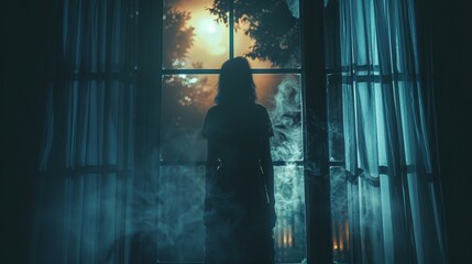 A mysterious silhouette stands by a window, with smoke and a lit moon creating an enigmatic atmosphere