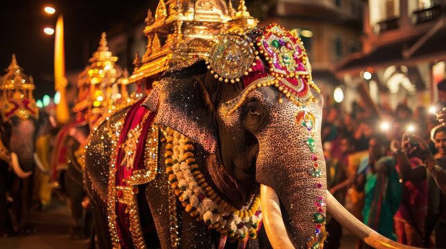 A beautifully adorned elephant parades through a vibrant street during a night festival, showcasing cultural traditions and celebration.