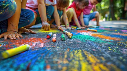 Children creating colorful chalk drawings on the sidewalk, showcasing creativity, teamwork, and fun in a vibrant and playful outdoor setting