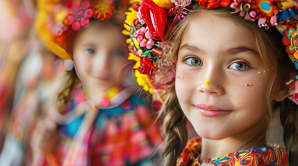 Fototapeta premium Girls wearing vibrant floral costumes, celebrating a cultural festival with joy and happiness, showcasing colorful and traditional attire in a lively setting