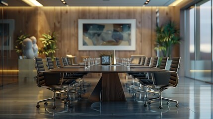 Elegant modern conference room with artistic decor and city view.