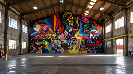 Urban Expressionism: Vibrant Street Art Mural on Warehouse Facade