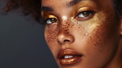 Young model with golden glittering makeup.