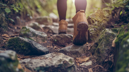 Close-up of a person wearing brown hiking boots walking on a rocky trail surrounded by greenery in a forest..