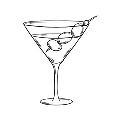 Martini Cocktail black and white outline vector illustration. Bar drink line art. Engraving style. Line drawing