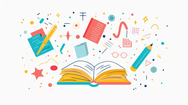 Open book with floating colorful educational objects like pencils, notepads, and geometric shapes, symbolizing learning and creativity..