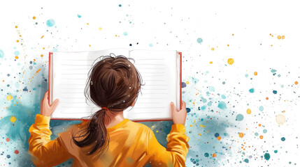 Child reading a book with colorful splashes around, viewed from behind.
