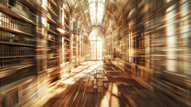 A dynamic, blurred view of a library hallway with bookshelves, creating a sense of motion and exploration.. - Powered by Adobe