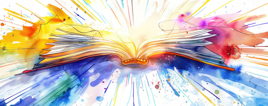 Open book with radiant light and watercolor splashes in various vibrant colors.