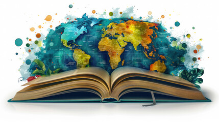 An open book with a colorful world map emerging from its pages, surrounded by artistic splashes and plant elements..