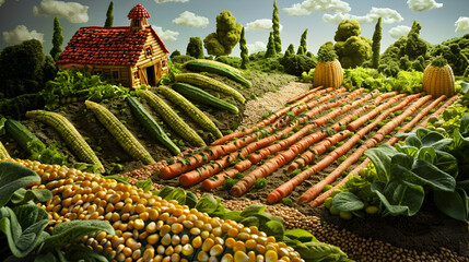 Fototapeta premium Whimsical Food Art Depicting a Farm Scene with Bread Barn, Carrot and Cucumber Crops, and Corn Field
