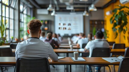 Fototapeta premium Man seated from the back, focusing on a presentation in a bright room with other attendees