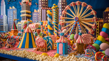 Obraz premium Sweet Carnival Delight: Colorful Dessert Spread with Candy Ferris Wheels, Marshmallow Tents, and Popcorn Ground Against Chocolate Buildings Backdrop