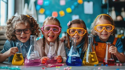 Children excitedly experimenting with colorful liquids and beakers, enjoying a fun and educational science activity together