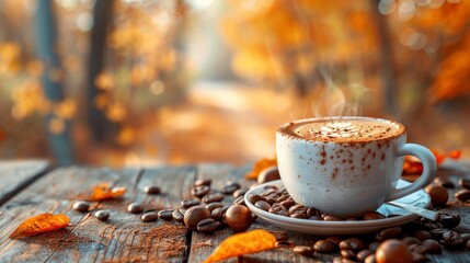 A steaming cup of coffee surrounded by coffee beans and autumn leaves, depicting a warm, inviting autumnal scene