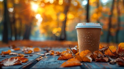 A takeaway coffee cup with dewdrops set on a wooden surface amidst fallen autumn leaves and warm sunlight