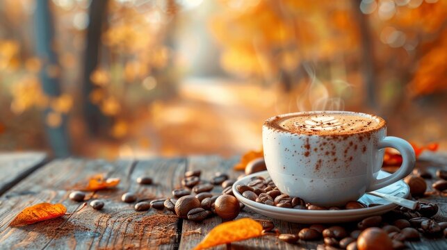 A steaming cup of coffee surrounded by coffee beans and autumn leaves, depicting a warm, inviting autumnal scene