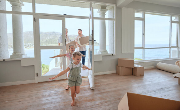 Children running, parents and new home or excited for moving in, mortgage and real estate at front door entrance. Happy family, kids and people walk in dream house or property in California by beach