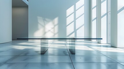 Fototapeta premium Sleek Glass Table in Bright Modern Showroom for Product Displays