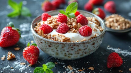 Bowl of yogurt with granola, raspberries, and mint on a dark surface sprinkled with oats