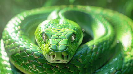 Fototapeta premium A beautiful bright green snake facing the camera.