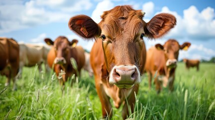 Cows herd on a grass field during the summer at sunset. A cow is looking at the camera sun rays are piercing behind her horns.